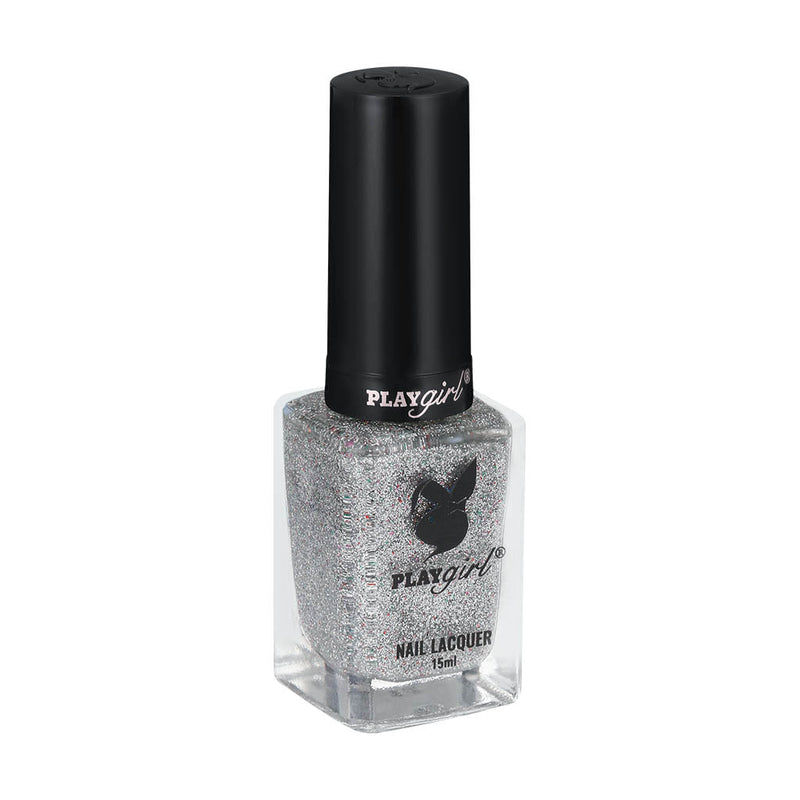 Playgirl Celeb Nail Lacquer bottle with black cap and glittery finish.