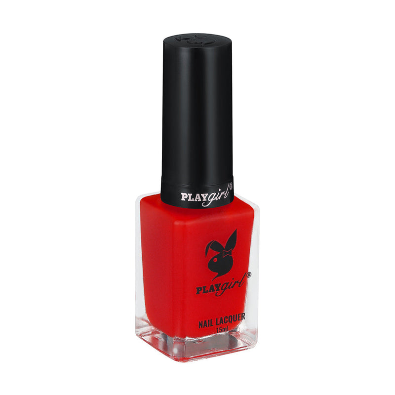 Playgirl Celeb Nail Lacquer in vibrant red bottle with black cap, offering high color payoff and long-lasting wear.