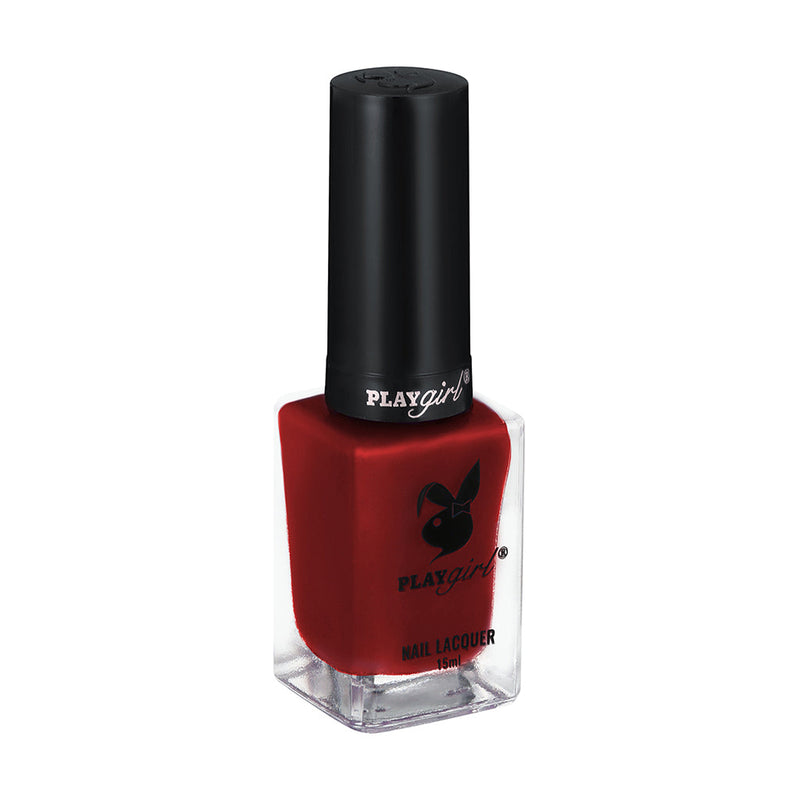 Playgirl Celeb Nail Lacquer in vibrant red shade with black cap, featuring long-lasting, chip-resistant formula for salon-quality nails.