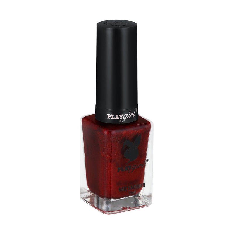 Red Playgirl Celeb Nail Lacquer bottle with black cap, offering vibrant color and long-lasting wear.