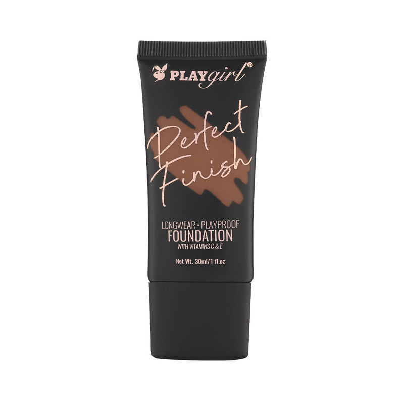 Perfect Finish Foundation in black tube with water-resistant formula and Vitamin C & E, 30ml.